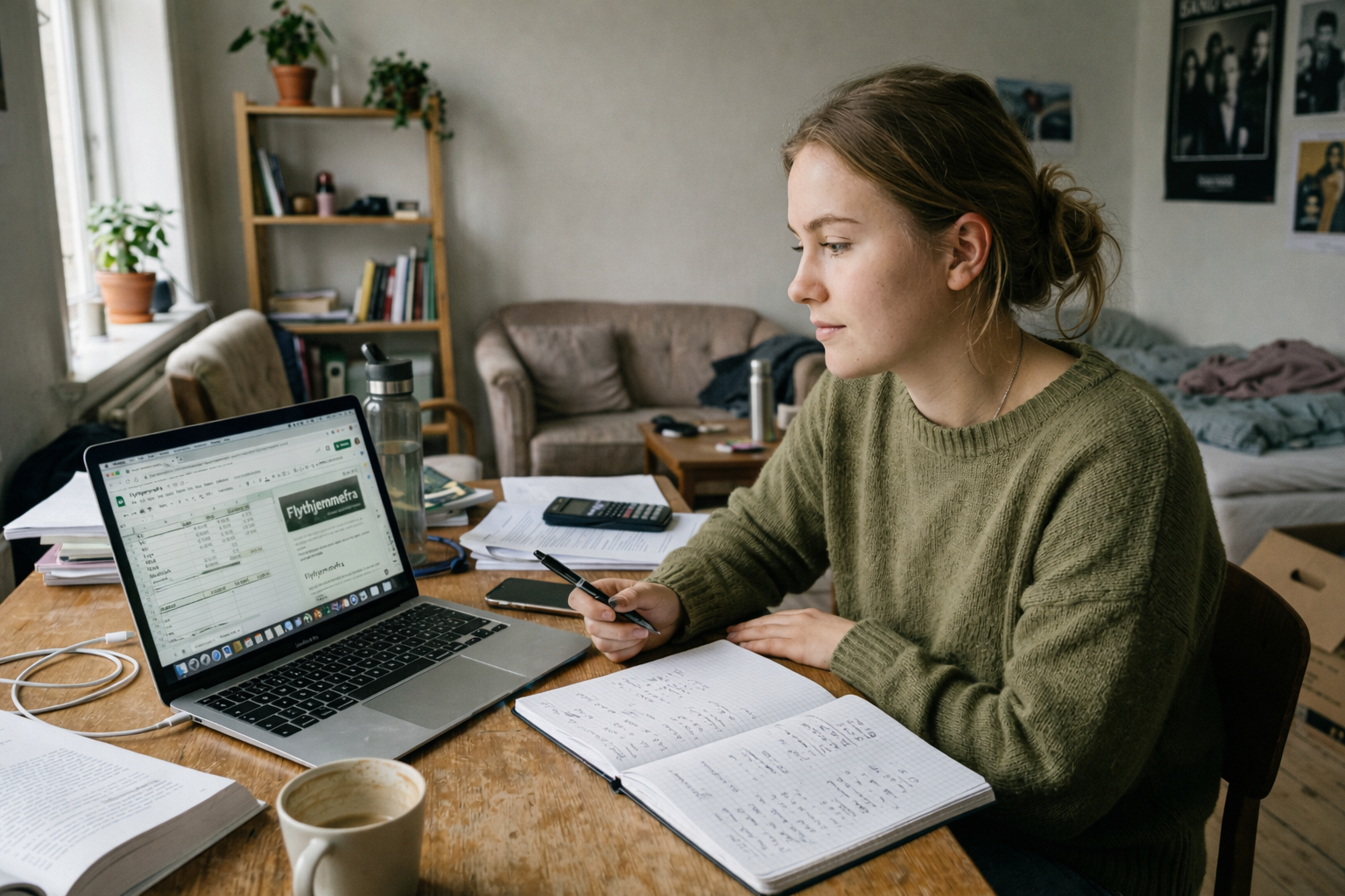 Kvinde sidder ved et spisebord og kigger på økonomi
